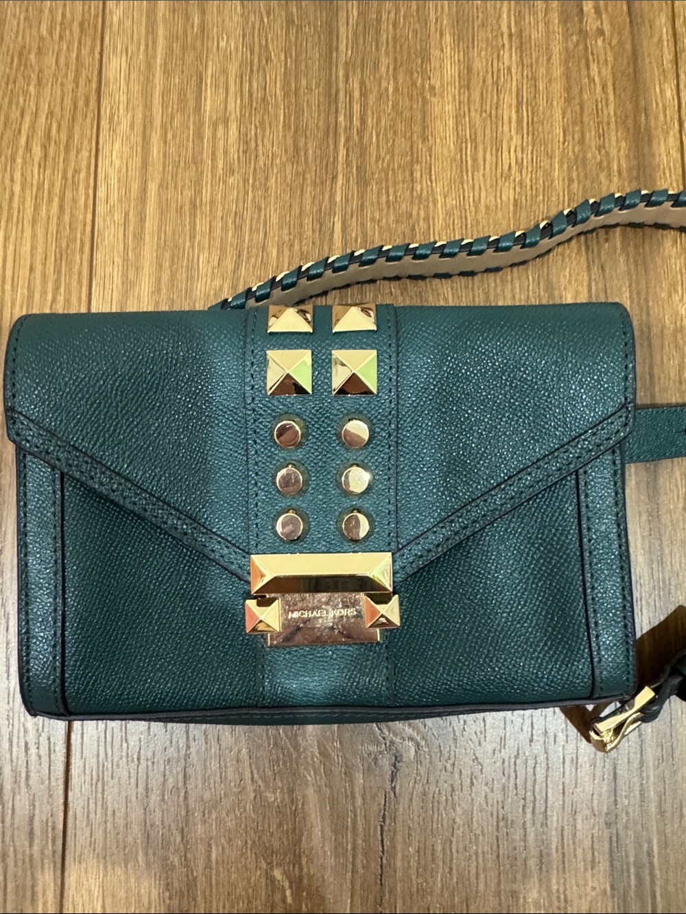 Michael Kors Teal Green Studded Leather Crossbody